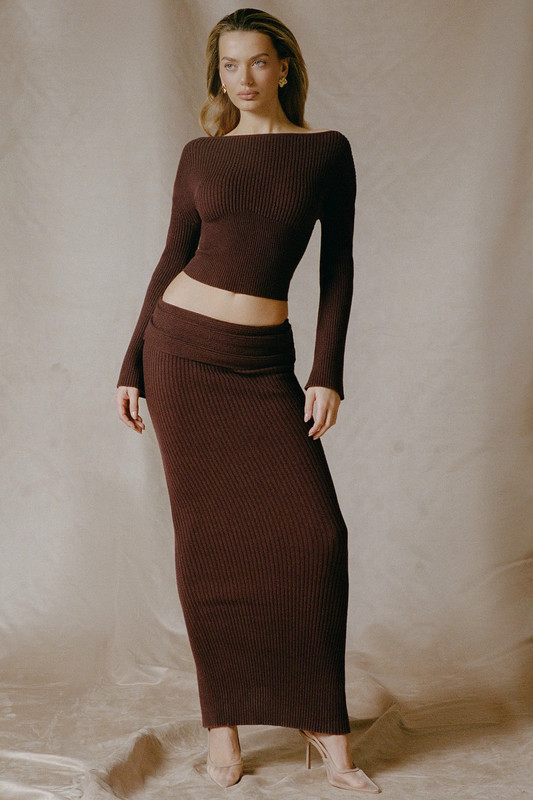 Ribbed-Knit Foldover Maxi Skirt in Espresso - Size:L